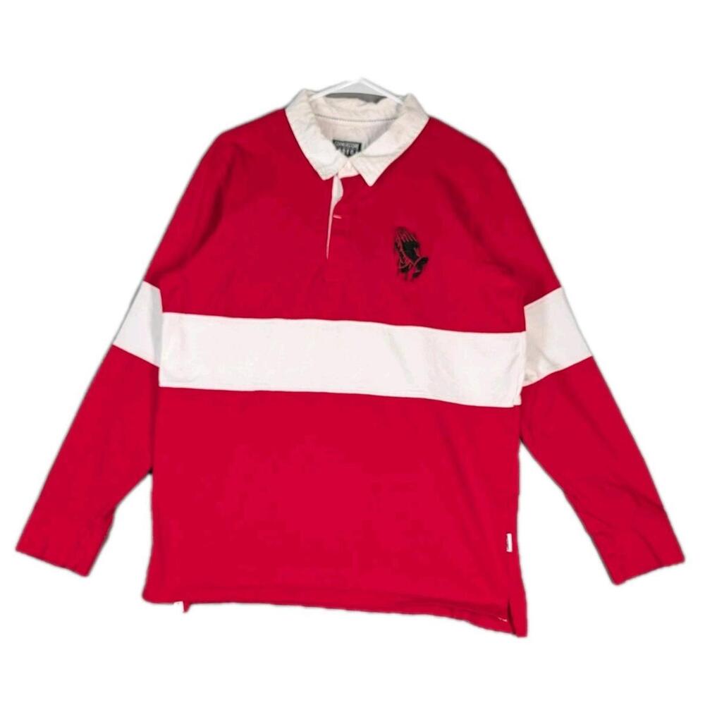 Cornerstone Bodega Mens Medium Red Rugby Shirt Long Sleeve Graphic Streetwear